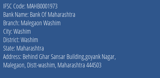 Bank Of Maharashtra Malegaon Washim Branch Washim IFSC Code MAHB0001973