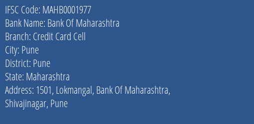 Bank Of Maharashtra Credit Card Cell Branch Pune IFSC Code MAHB0001977