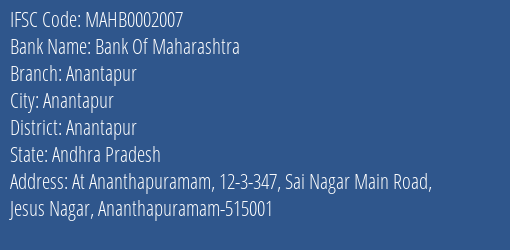 Bank Of Maharashtra Anantapur Branch, Branch Code 002007 & IFSC Code MAHB0002007