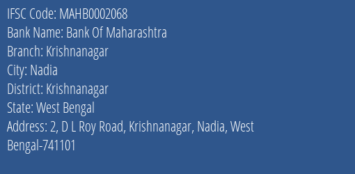 Bank Of Maharashtra Krishnanagar Branch, Branch Code 002068 & IFSC Code MAHB0002068