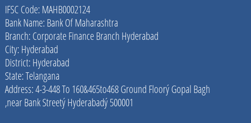 Bank Of Maharashtra Corporate Finance Branch Hyderabad Branch Hyderabad IFSC Code MAHB0002124