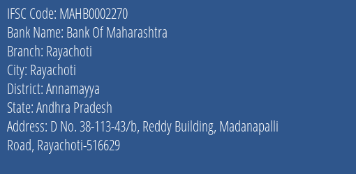 Bank Of Maharashtra Rayachoti Branch Annamayya IFSC Code MAHB0002270