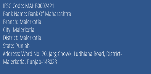 Bank Of Maharashtra Malerkotla Branch Malerkotla IFSC Code MAHB0002421