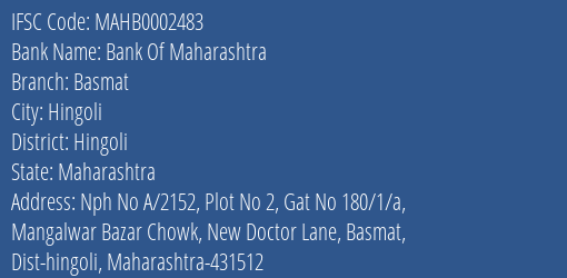 Bank Of Maharashtra Basmat Branch Hingoli IFSC Code MAHB0002483