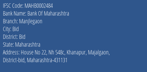 Bank Of Maharashtra Manjlegaon Branch Bid IFSC Code MAHB0002484