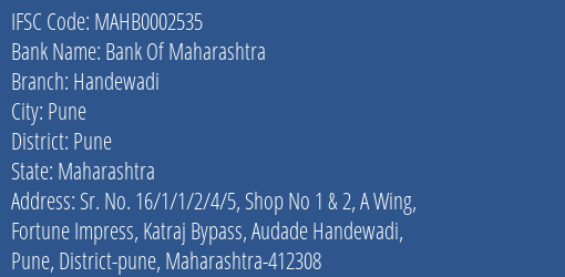 Bank Of Maharashtra Handewadi Branch Pune IFSC Code MAHB0002535