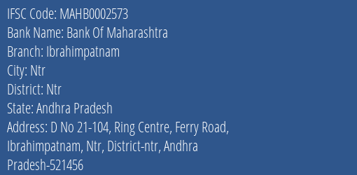 Bank Of Maharashtra Ibrahimpatnam Branch Ntr IFSC Code MAHB0002573