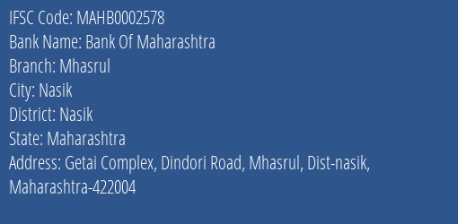 Bank Of Maharashtra Mhasrul Branch Nasik IFSC Code MAHB0002578