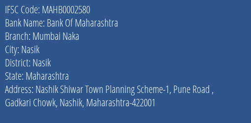 Bank Of Maharashtra Mumbai Naka Branch Nasik IFSC Code MAHB0002580