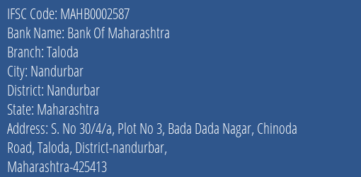 Bank Of Maharashtra Taloda Branch, Branch Code 002587 & IFSC Code Mahb0002587