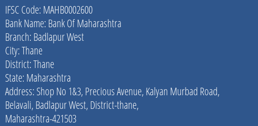 Bank Of Maharashtra Badlapur West Branch Thane IFSC Code MAHB0002600