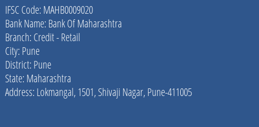 Bank Of Maharashtra Credit Retail Branch Pune IFSC Code MAHB0009020