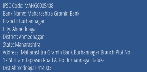 Maharashtra Gramin Bank Burhannagar Branch, Branch Code 005408 & IFSC Code MAHG0005408