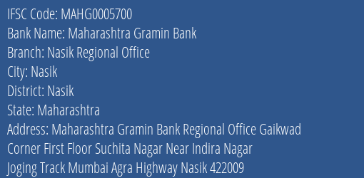 Maharashtra Gramin Bank Nasik Regional Office Branch, Branch Code 005700 & IFSC Code MAHG0005700