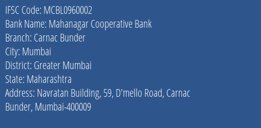 Mahanagar Cooperative Bank Carnac Bunder Branch IFSC Code