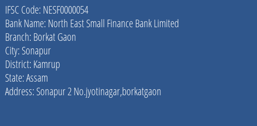 North East Small Finance Bank Limited Borkat Gaon Branch, Branch Code 000054 & IFSC Code NESF0000054