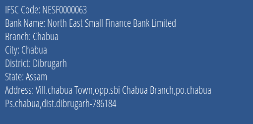 North East Small Finance Bank Limited Chabua Branch, Branch Code 000063 & IFSC Code NESF0000063