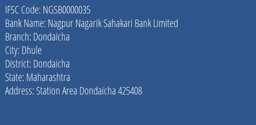 Nagpur Nagarik Sahakari Bank Limited Dondaicha Branch, Branch Code 000035 & IFSC Code NGSB0000035