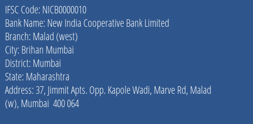 New India Cooperative Bank Limited Malad West Branch, Branch Code 000010 & IFSC Code NICB0000010