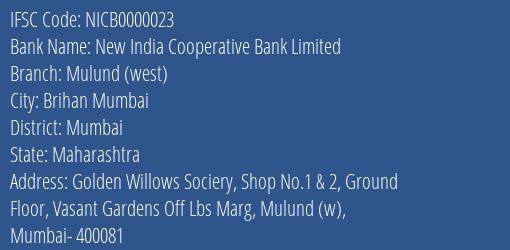 New India Cooperative Bank Limited Mulund (west) Branch IFSC Code