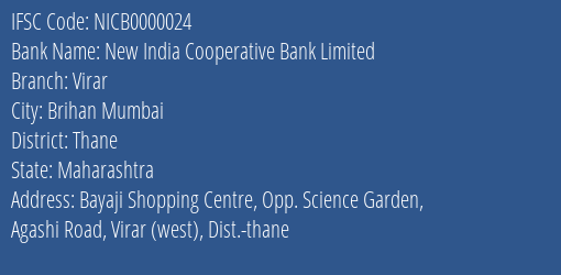 New India Cooperative Bank Limited Virar Branch IFSC Code