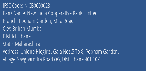 New India Cooperative Bank Limited Poonam Garden Mira Road Branch, Branch Code 000028 & IFSC Code NICB0000028