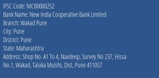 New India Cooperative Bank Limited Wakad Pune Branch, Branch Code 000252 & IFSC Code NICB0000252