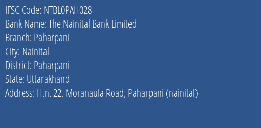 The Nainital Bank Limited Paharpani Branch IFSC Code