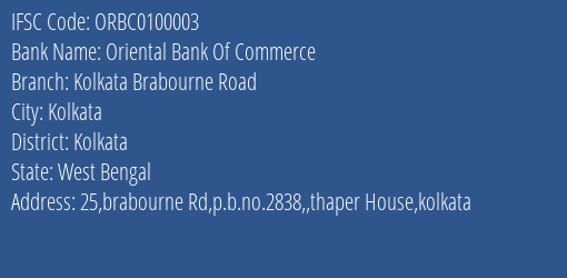 Oriental Bank Of Commerce Kolkata Brabourne Road Branch, Branch Code 100003 & IFSC Code ORBC0100003