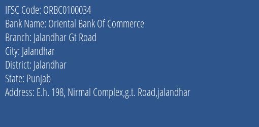 Oriental Bank Of Commerce Jalandhar Gt Road Branch, Branch Code 100034 & IFSC Code ORBC0100034