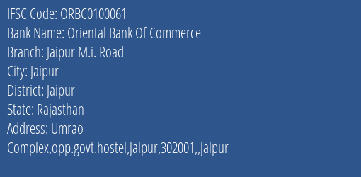 Oriental Bank Of Commerce Jaipur M.i. Road Branch, Branch Code 100061 & IFSC Code ORBC0100061