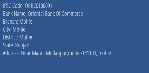 Oriental Bank Of Commerce Mohie Branch Mohie IFSC Code ORBC0100091