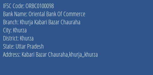 Oriental Bank Of Commerce Khurja Kabari Bazar Chauraha Branch Khurza IFSC Code ORBC0100098