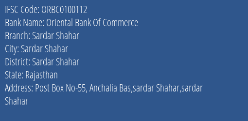 Oriental Bank Of Commerce Sardar Shahar Branch Sardar Shahar IFSC Code ORBC0100112