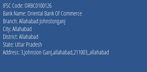 Oriental Bank Of Commerce Allahabad Johnstonganj Branch, Branch Code 100126 & IFSC Code ORBC0100126