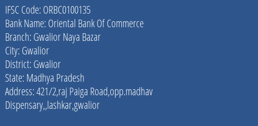 Oriental Bank Of Commerce Gwalior Naya Bazar Branch, Branch Code 100135 & IFSC Code ORBC0100135