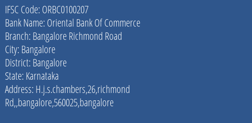 Oriental Bank Of Commerce Bangalore Richmond Road Branch, Branch Code 100207 & IFSC Code ORBC0100207