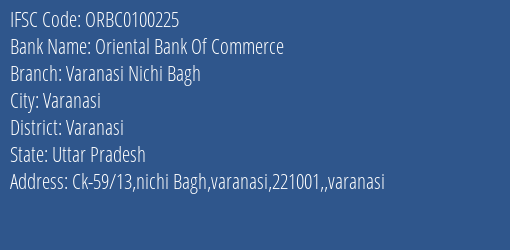 Oriental Bank Of Commerce Varanasi Nichi Bagh Branch, Branch Code 100225 & IFSC Code ORBC0100225