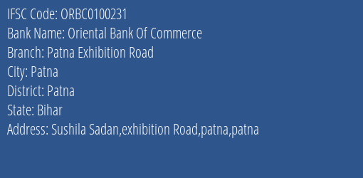 Oriental Bank Of Commerce Patna Exhibition Road Branch, Branch Code 100231 & IFSC Code ORBC0100231