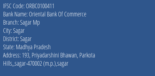 Oriental Bank Of Commerce Sagar Mp Branch Sagar IFSC Code ORBC0100411