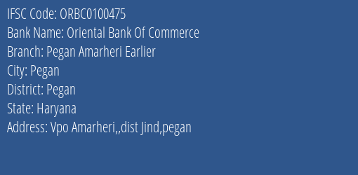 Oriental Bank Of Commerce Pegan Amarheri Earlier Branch Pegan IFSC Code ORBC0100475