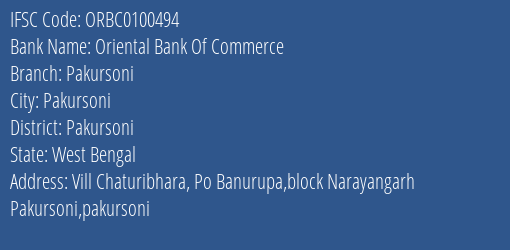 Oriental Bank Of Commerce Pakursoni Branch Pakursoni IFSC Code ORBC0100494