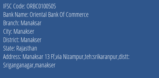 Oriental Bank Of Commerce Manaksar Branch Manakser IFSC Code ORBC0100505