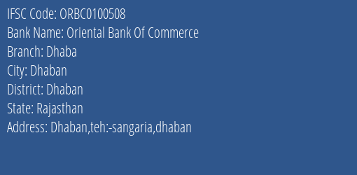 Oriental Bank Of Commerce Dhaba Branch Dhaban IFSC Code ORBC0100508