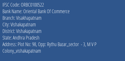 Oriental Bank Of Commerce Visakhapatnam Branch, Branch Code 100522 & IFSC Code ORBC0100522