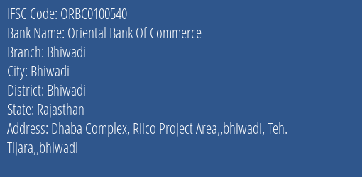 Oriental Bank Of Commerce Bhiwadi Branch, Branch Code 100540 & IFSC Code ORBC0100540