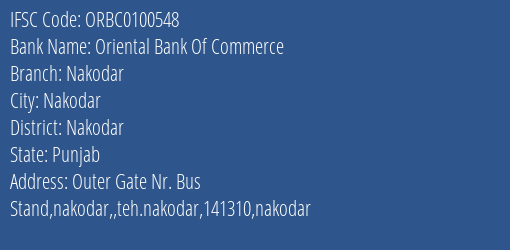 Oriental Bank Of Commerce Nakodar Branch Nakodar IFSC Code ORBC0100548