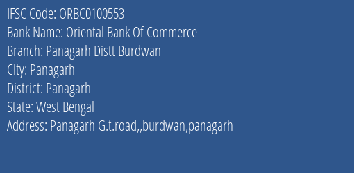 Oriental Bank Of Commerce Panagarh Distt Burdwan Branch Panagarh IFSC Code ORBC0100553