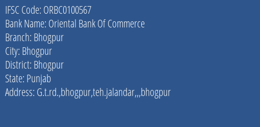 Oriental Bank Of Commerce Bhogpur Branch Bhogpur IFSC Code ORBC0100567