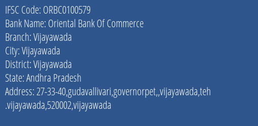 Oriental Bank Of Commerce Vijayawada Branch, Branch Code 100579 & IFSC Code ORBC0100579
